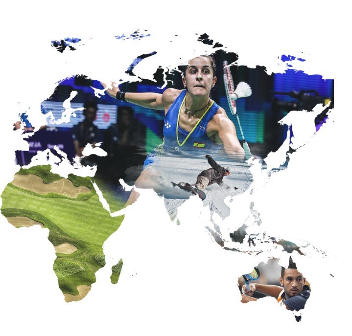 World map with tennis player in the background